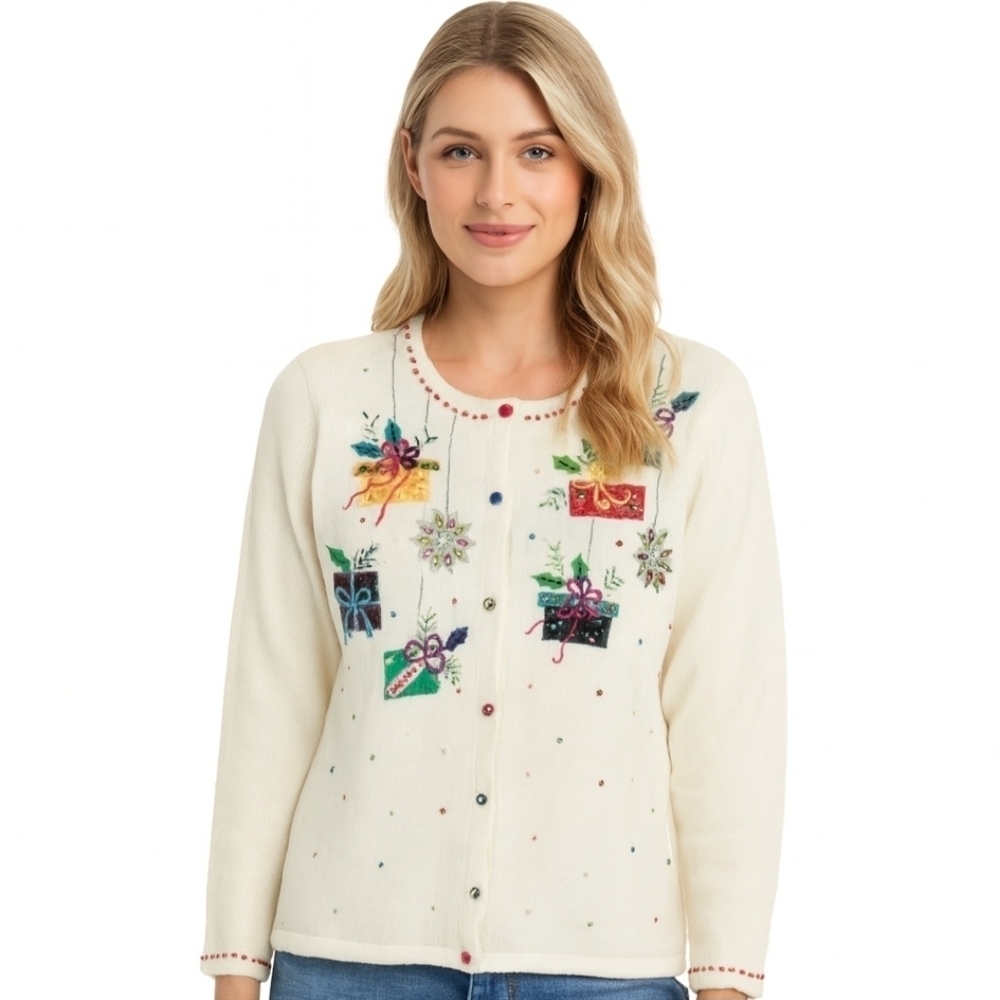 Vintage Tiara International Beaded Holiday Christmas Cardigan Sweater Size S